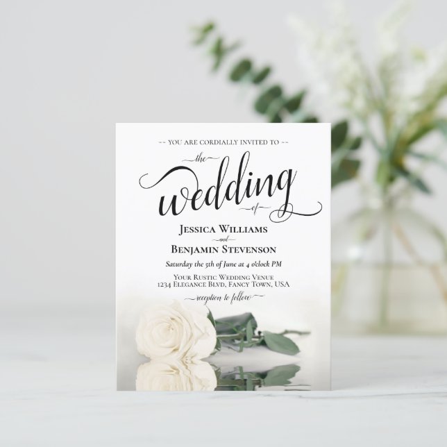 Romantic White Rose BUDGET Wedding Invitation (Standing Front)