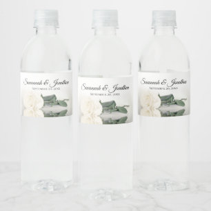 Romantic White Rose Couple's Names Elegant Wedding Water Bottle Label
