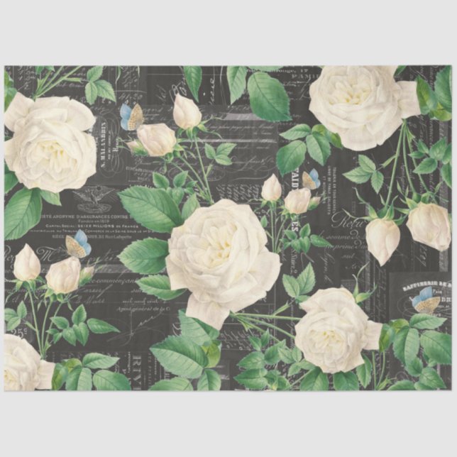 Romantic White Rose Ephemera Collage Tissue Paper (Front)