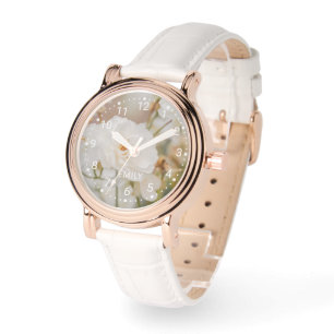 Romantic White Rose Flowers Photo And Custom Name Watch