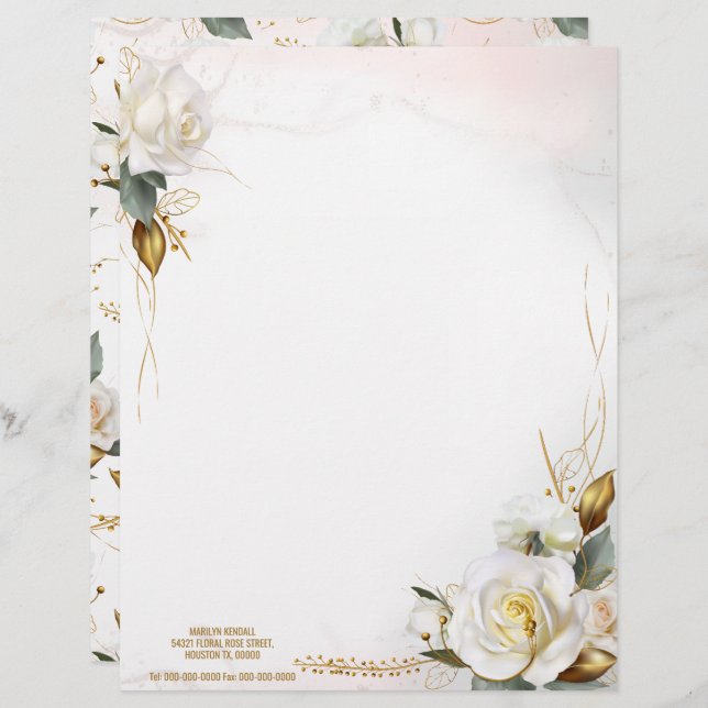 Romantic White Rose Gold Floral Wedding Letterhead (Front/Back)