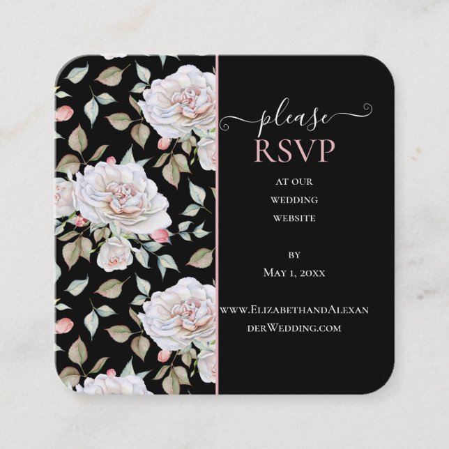 Romantic White Rose on Black Wedding Website RSVP Square Business Card (Front)