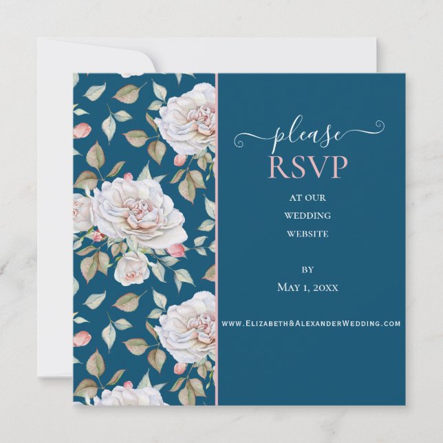 Romantic White Rose on Blue Wedding Website RSVP  (Front)