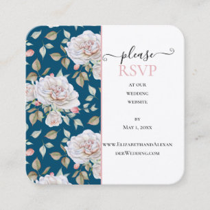 Romantic White Rose on Blue Wedding Website RSVP Square Business Card