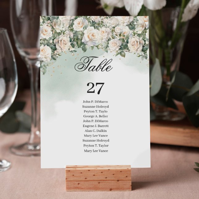 Romantic white roses Eucalyptus Greenery and Gold Table Number (Romantic white roses Eucalyptus Greenery and Gold wedding table number with guest names)