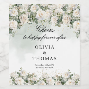 Romantic white roses Eucalyptus Greenery and Gold Wine Label