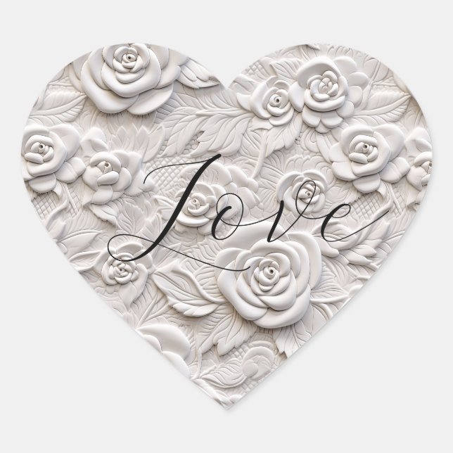 Romantic White Roses Faux Leather Wedding Heart Sticker (Front)