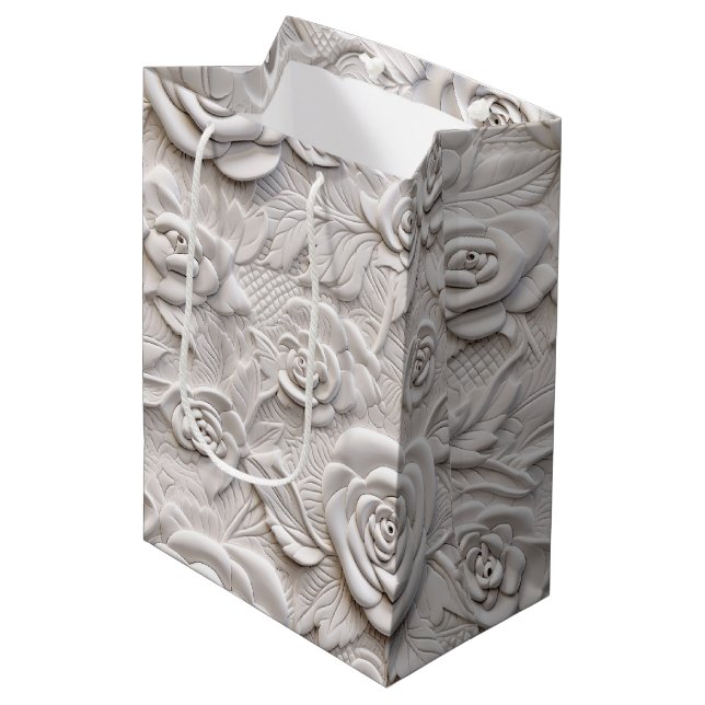 Romantic White Roses Faux Leather Wedding Medium Gift Bag (Front Angled)