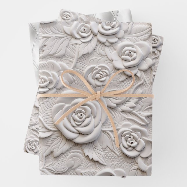 Romantic White Roses Faux Leather Wedding Wrapping Paper Sheet (In situ)