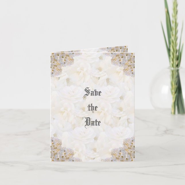 Romantic white roses save the date  note card (Front)