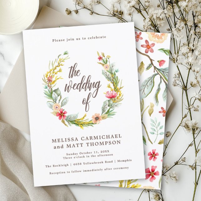 Romantic Wildflower Watercolor Wreath Wedding Invitation (Creator Uploaded)