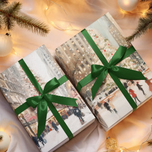Romantic Winter Cityscape Ice Skating Wrapping Paper Sheet