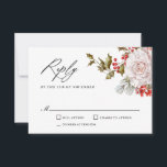 Romantic Winter Floral and Evergreens RSVP<br><div class="desc">This beautifully elegant and unique winter wedding response card was designed especially for weddings during the Christmas holiday season and the winter months. Romantic pink roses mix with beautiful evergreens and holly with red berries to form a perfectly gorgeous combination. Personalize the text template with your required wedding response date....</div>
