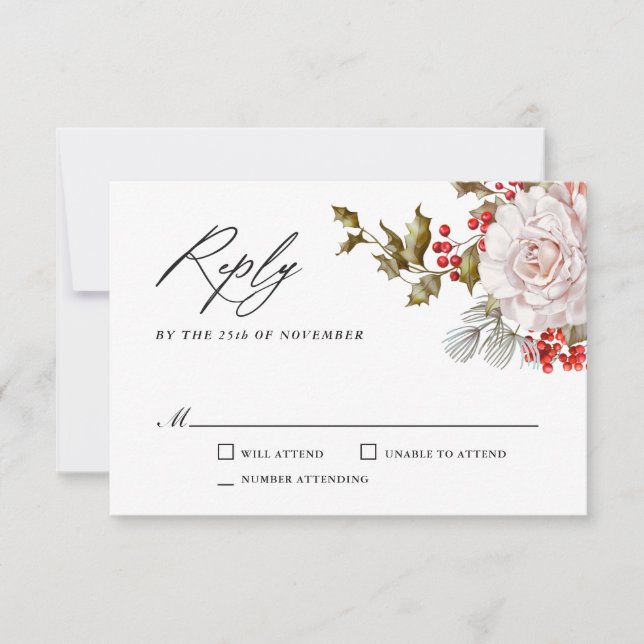 Romantic Winter Floral and Evergreens RSVP Card (Front)