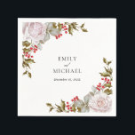 Romantic Winter Floral and Evergreens Wedding Napkin<br><div class="desc">This wonderfully elegant and unique winter wedding paper napkin was designed especially for weddings during the Christmas holiday season and the winter months. Romantic pink roses mix with beautiful evergreens and holly with red berries to form a perfectly gorgeous combination. Personalize the text template with the bride and groom's names...</div>