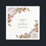 Romantic Winter Floral and Evergreens Wedding Napkin<br><div class="desc">This wonderfully elegant and unique winter wedding paper napkin was designed especially for weddings during the Christmas holiday season and the winter months. Romantic pink roses mix with beautiful evergreens and holly with red berries to form a perfectly gorgeous combination. Personalize the text template with the bride and groom's names...</div>