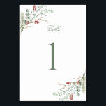 Romantic Winter Greenery Wedding Table Number<br><div class="desc">Elegant romantic wedding table number card,  adorned with a stunning soft green and red watercolor winter botanical design and classic calligraphy.</div>