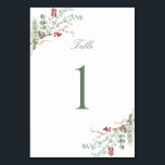 Romantic Winter Greenery Wedding Table Number<br><div class="desc">Elegant romantic wedding table number card,  adorned with a stunning soft green and red watercolor winter botanical design and classic calligraphy.</div>