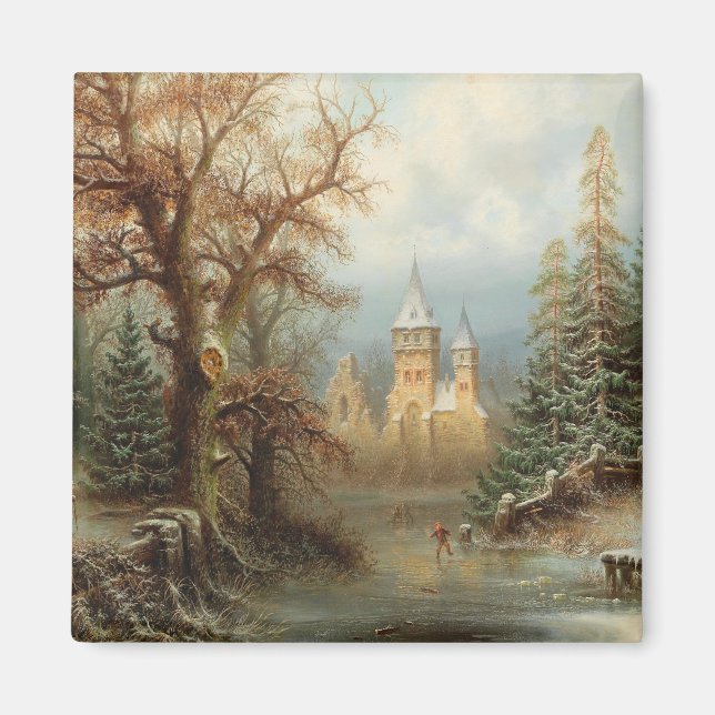 Romantic Winter Landscape with Ice Skaters Magnet (Front)