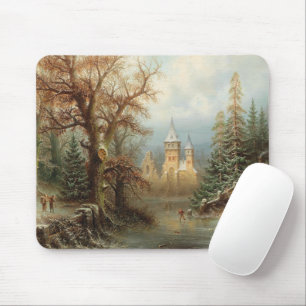 Romantic Winter Landscape with Ice Skaters Mouse Pad