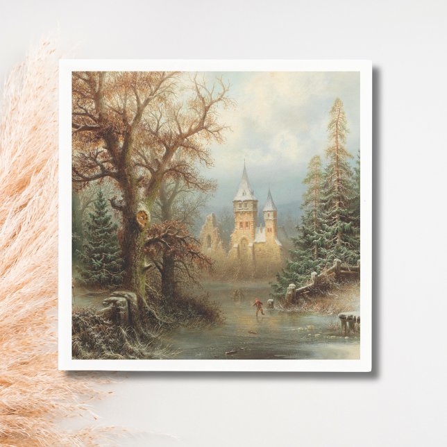 Romantic Winter Landscape with Ice Skaters Napkin (Creator Uploaded)