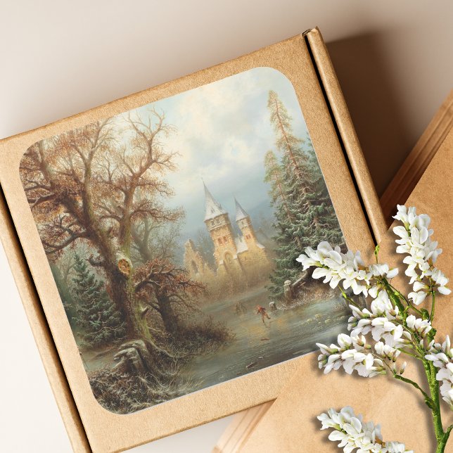 Romantic Winter Landscape with Ice Skaters Square Sticker (Creator Uploaded)