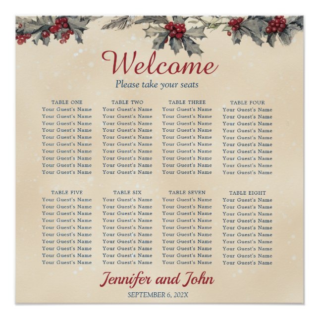 Romantic Winter Wedding Guests Seating Chart (Front)