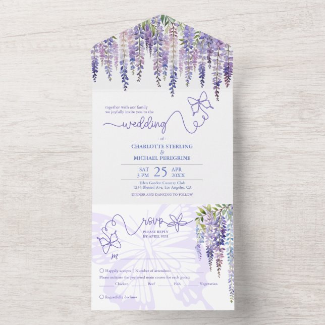 Romantic Wisteria Garden Wedding with Menu Choice All In One Invitation (Inside)