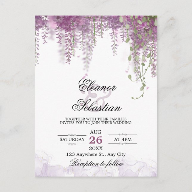 Romantic Wisteria Purple QR Code Wedding Postcard (Front)