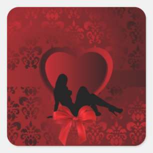 Romantic woman on red damask square sticker