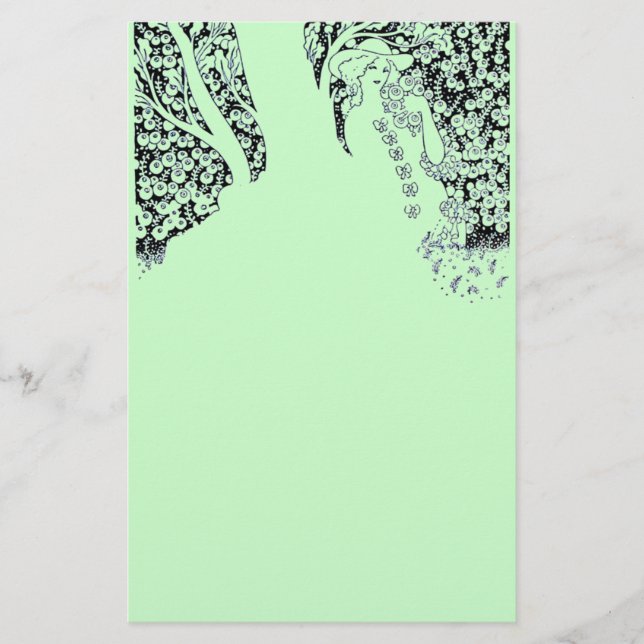 ROMANTIC WOMAN,ROSES AND NATURE Black Green Stationery (Front)