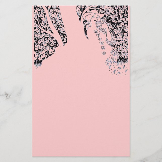 ROMANTIC WOMAN,ROSES AND NATURE Black Pink Stationery (Front)