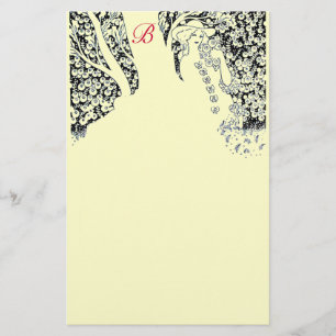 ROMANTIC WOMAN,ROSES,NATURE Black Cream Monogram Stationery