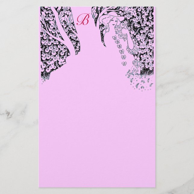 ROMANTIC WOMAN,ROSES ,NATURE Black Lilac Monogram Stationery (Front)