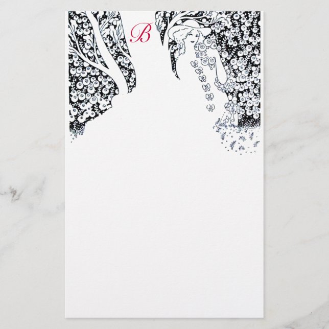 ROMANTIC WOMAN,ROSES,NATURE Black White Monogram Stationery (Front)