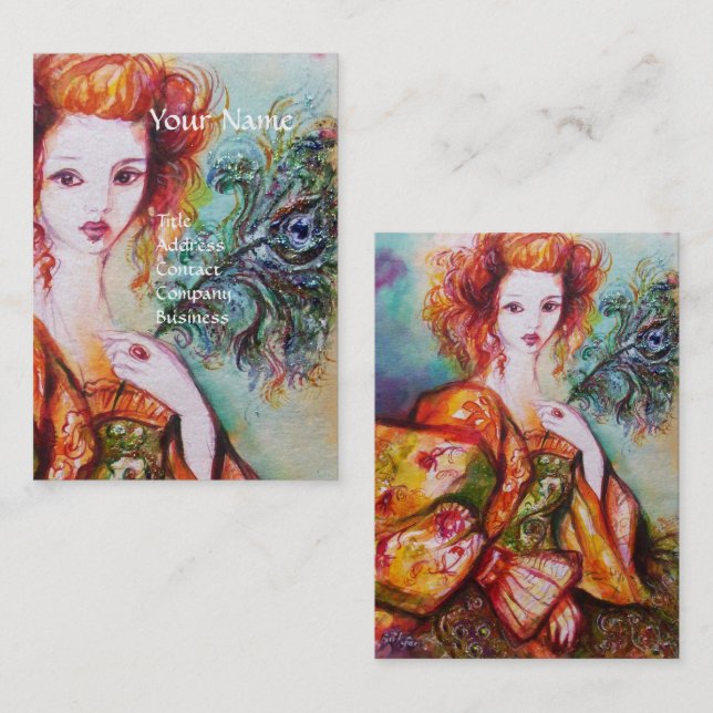 ROMANTIC WOMAN ,SPARKLING PEACOCK FEATHER Pearl Business Card (Front/Back)