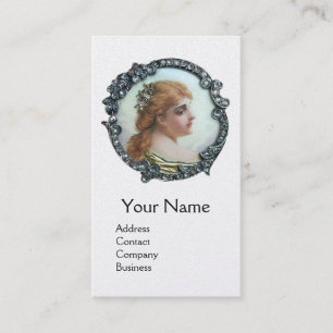 ROMANTIC WOMAN WITH DIAMOND FLOWERS VINTAGE ENAMEL BUSINESS CARD