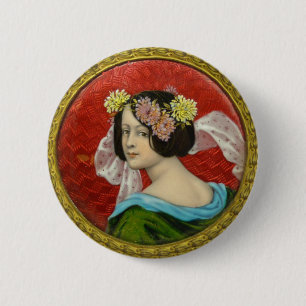 ROMANTIC WOMAN WITH FLOWERS VINTAGE ENAMEL 2 INCH ROUND BUTTON