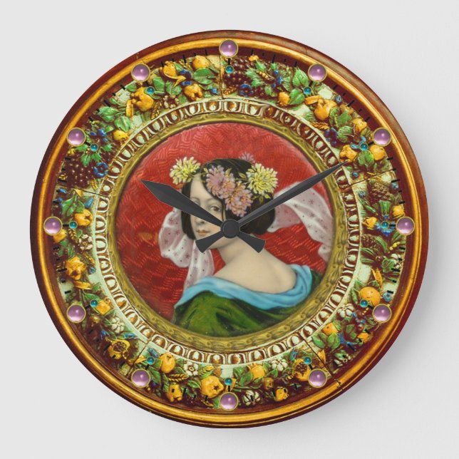 ROMANTIC WOMAN WITH FLOWERS VINTAGE ENAMEL LARGE CLOCK (Front)
