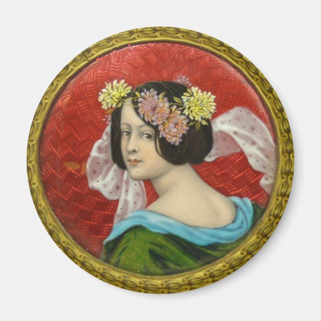 ROMANTIC WOMAN WITH FLOWERS VINTAGE ENAMEL MAGNET (Front)