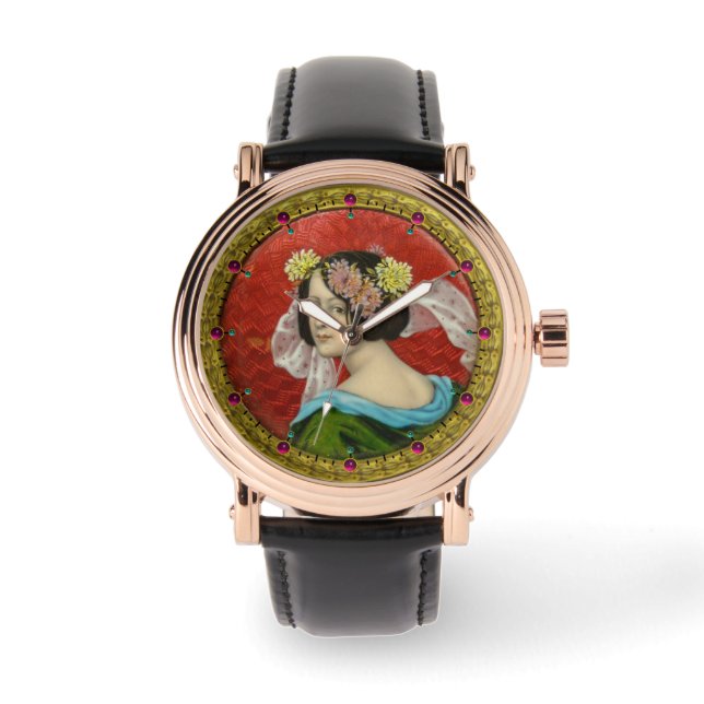 ROMANTIC WOMAN WITH FLOWERS VINTAGE ENAMEL WATCH (Front)