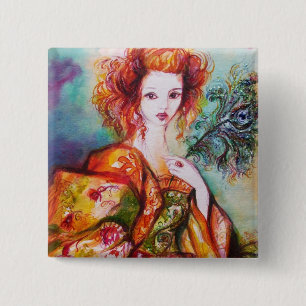 ROMANTIC WOMAN WITH PEACOCK FEATHER 2 INCH SQUARE BUTTON