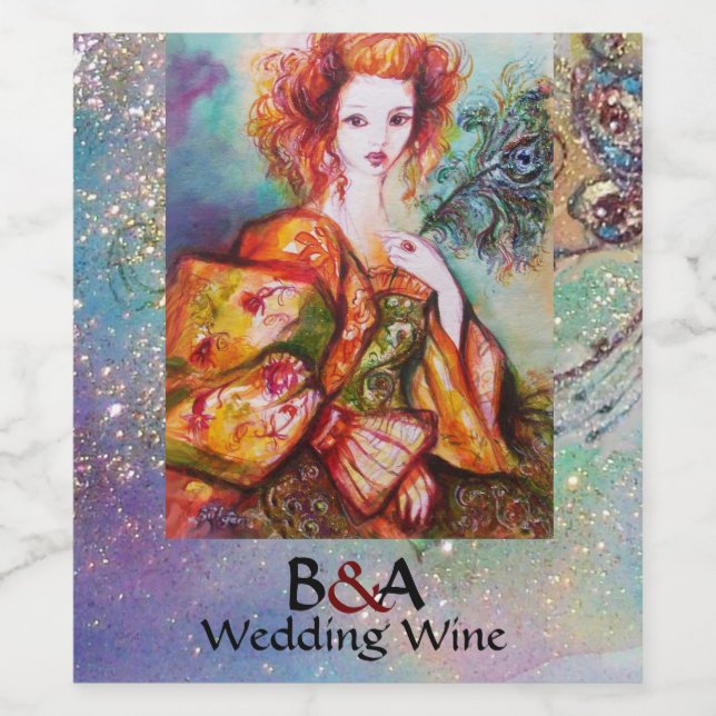 ROMANTIC WOMAN WITH PEACOCK FEATHER Blue Wedding Wine Label (Single Label)