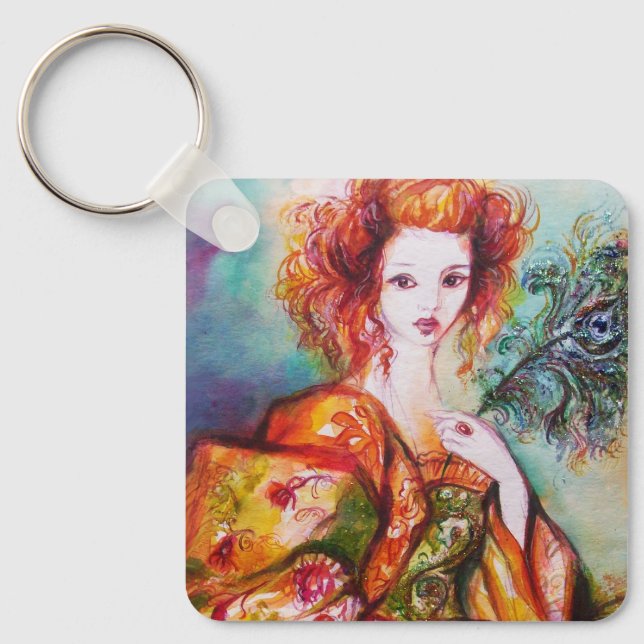 ROMANTIC WOMAN WITH PEACOCK FEATHER KEYCHAIN (Front)