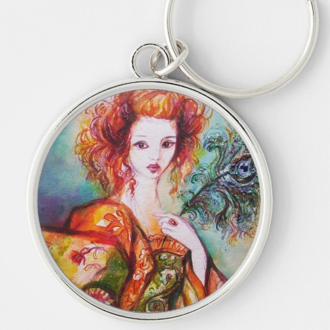 ROMANTIC WOMAN WITH PEACOCK FEATHER KEYCHAIN (Front)