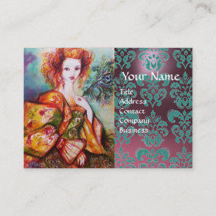 ROMANTIC WOMAN WITH PEACOCK FEATHER Purple Damask Business Card