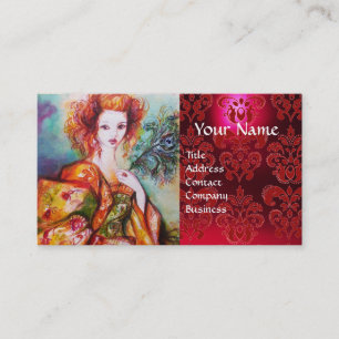 ROMANTIC WOMAN WITH PEACOCK FEATHER Red  Damask Business Card