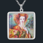ROMANTIC WOMAN WITH PEACOCK FEATHER SILVER PLATED NECKLACE<br><div class="desc">Original contemporary watercolor painting with golden foil and iridescent colours in bright green, yellow orange ,  teal, turquase,  white .Elegant , beautiful sophisticated brunette woman, red, green sparkling gold fabrics of a baroque costume with peacock feathers .Painting by Bulgan Lumini (c).</div>