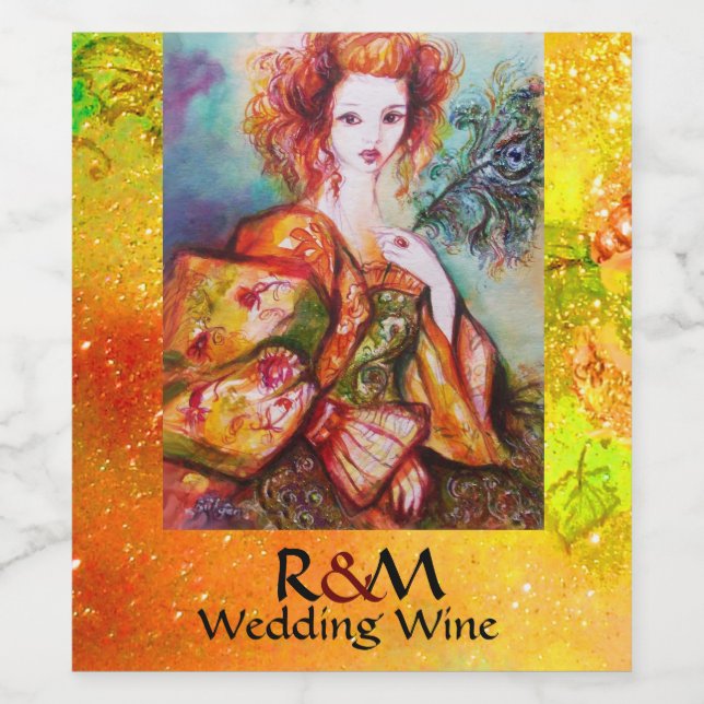 ROMANTIC WOMAN WITH PEACOCK FEATHER Yellow Wedding Wine Label (Single Label)