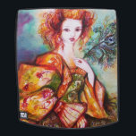 ROMANTIC WOMAN WITH SPARKLING PEACOCK FEATHER BACKPACK<br><div class="desc">Original contemporary watercolor painting with golden foil and iridescent colours in bright green, yellow orange ,  teal, turquase,  white .Elegant , beautiful sophisticated brunette woman, red, green sparkling gold fabrics of a baroque costume with peacock feathers .Painting by Bulgan Lumini (c)</div>